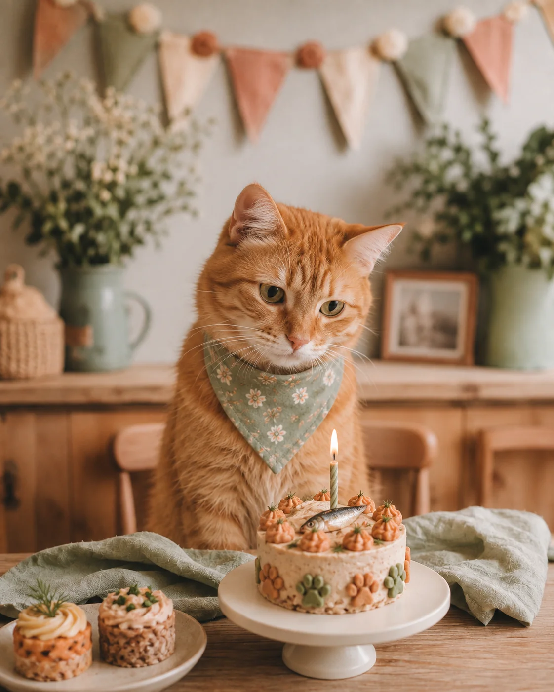 Cat next to a homemade cat birthday cake