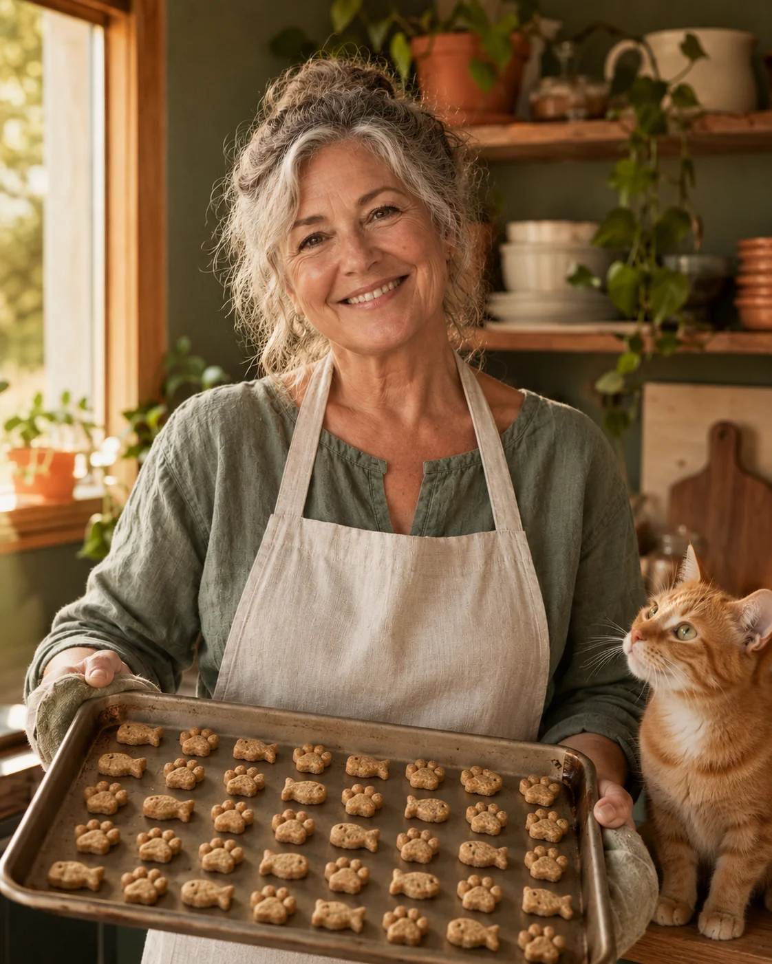Home baker holding a tray of cat treats